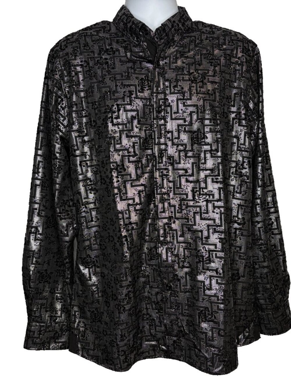 Fried Denim Satin Shirt Size XL Slim Fit Black Silver Geo Velvet Flocked Floral